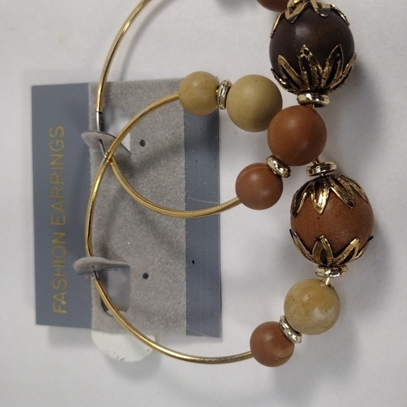 Boho Beaded Hoop Earrings – Natural Wood Look Beads, Gold-Tone Wire – Jewelry #6 - Picture 5 of 6